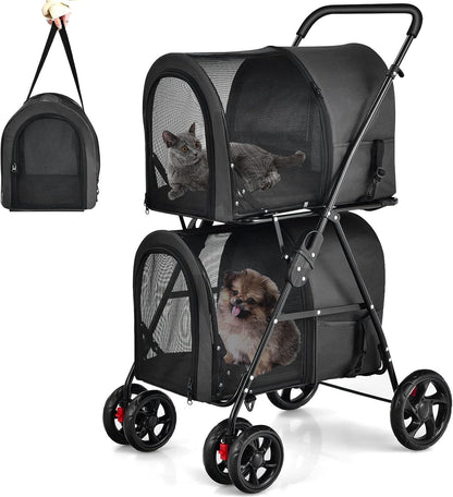Giantex Double Pet Carrier with 2 Detachable Bags, Safety Belt, 4 Lockable Wheels, Cat & Dog Stroller, Folding Travel Carrier for Small & Medium Pets (Black)