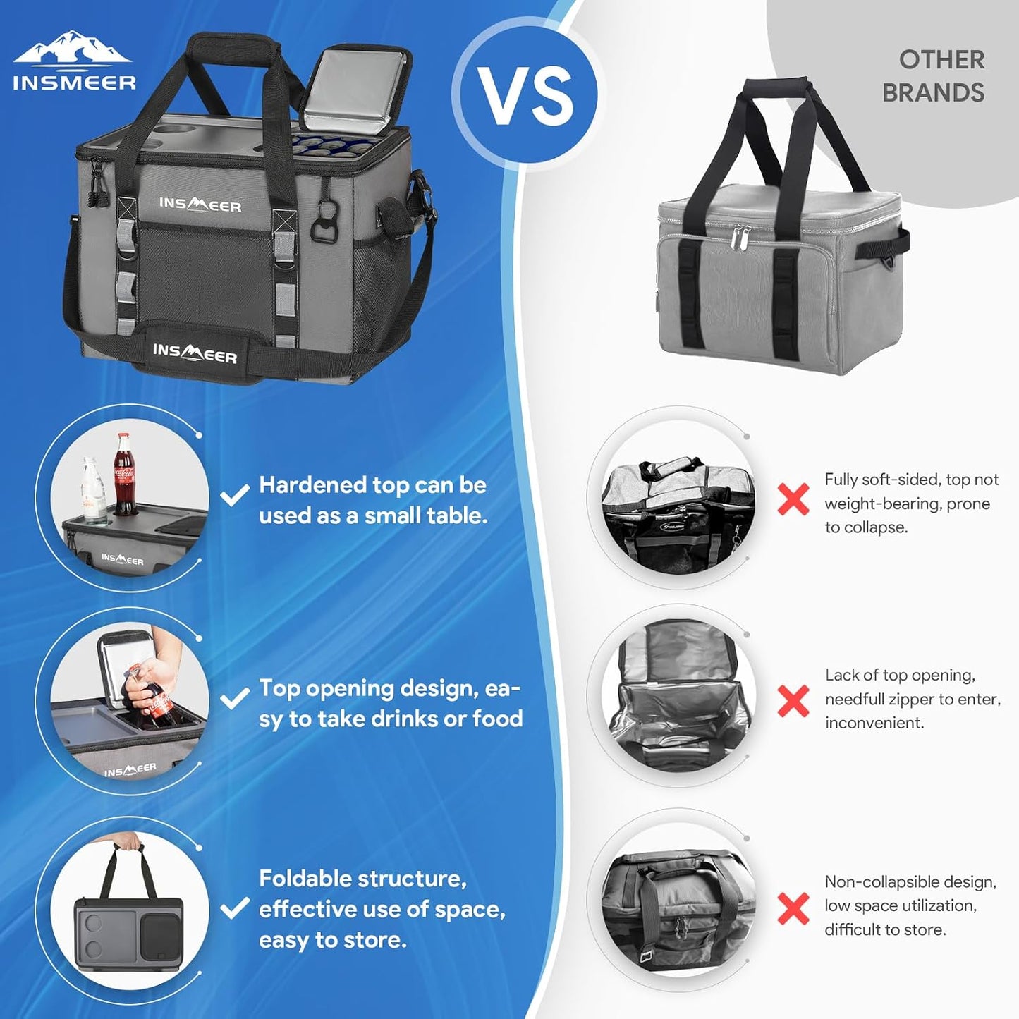 INSMEER Hard Top Soft Cooler with 2 Cup Holders, Large Foldable Cooler Bag - 40L/70 Cans, 100% Leakproof/Insulated/Portable Glaciere with Shoulder Strap for Travel, Beach, Camping, BBQ, Events