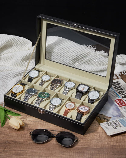 Ohuhu Watch Box Organizer for Men -12 Slot Leather Watch Case with Real Glass Lid Watch Display Case, Watch Organizer Jewelry Storage Box