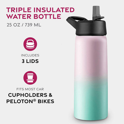 FineDine Water Bottle - Stainless Steel Insulated Water Bottle with Straw Lid, Flip Lid & Wide-Mouth Cap - Keeps Hot and Cold - 25 Oz / 739ml - Pure Pearly White