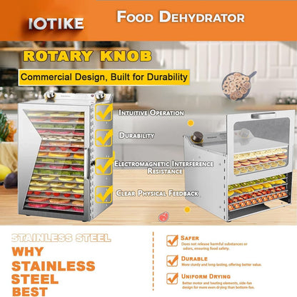Electric Food Dehydrator, Commercial Freeze Dryer with 12H Timer, 30-90℃ Temperature Control, Stainless Steel Fruit Dryer for Jerky, Beef, Herb, Vegetables, Dog Treats