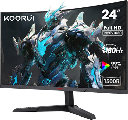 KOORUI 24 Inch Gaming Monitor - FHD 1080P Curved Monitors 180Hz VA, Built-in Adaptive Sync with 1ms, 1500R with Ultra-Thin, HDMI X2 / DP, VESA Compatible, Tilt Adjustable, Eye Care 24E6CA