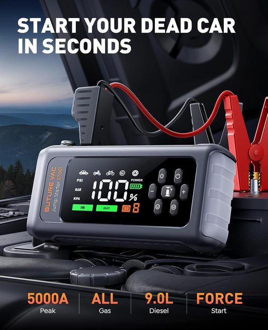 9-in-1 5000A 150PSI Car Battery Booster Jump Starter with Air Compressor (All Gas/9L Diesel), Portable Car Battery Booster Pack, Safe Durable Car Jump Starter with Extended Jumper Cables, Glove, Light