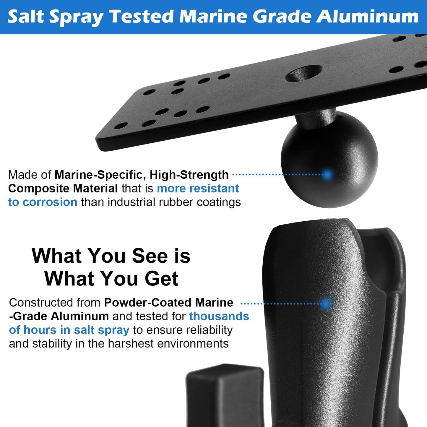 WINDFRD 1.5" Ball Medium Arm Marine Electronic Mount, Fish Finder Mount, Universal Mounting Plate with 1.5 inches / 38mm / C Size Ball Adapters, Compatible with Humminbird, Garmin, Lowrance and More