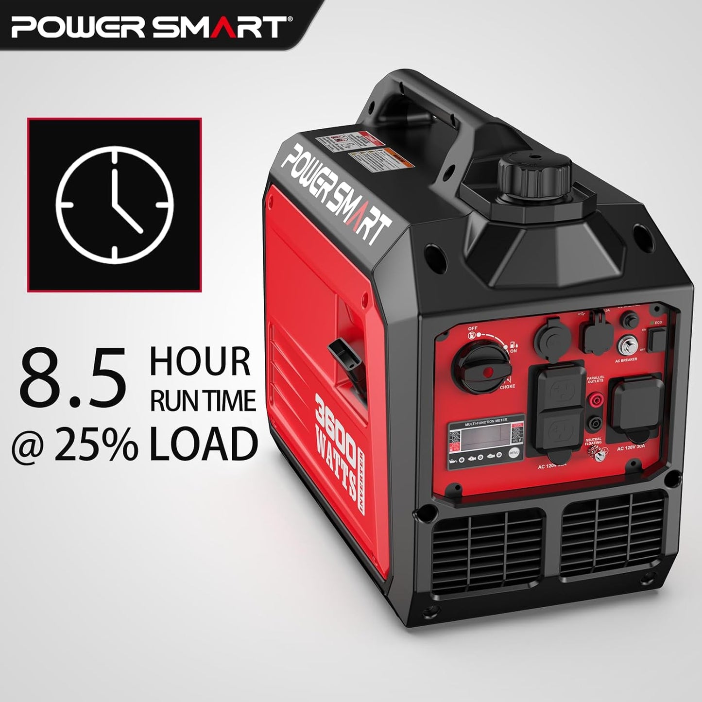 PowerSmart 3600W Portable Inverter Generator, Whisper Quiet Generator for Home Use, Camping, RV Ready, Gas Powered, Black & Red, Lightweight & Compact Design