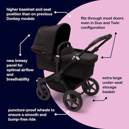 Bugaboo Donkey 5 Mono Complete,Single Stroller Converts to Side-by-Side Double Stroller, Multiple Seat Positions, Black/Midnight Black-Midnight Black