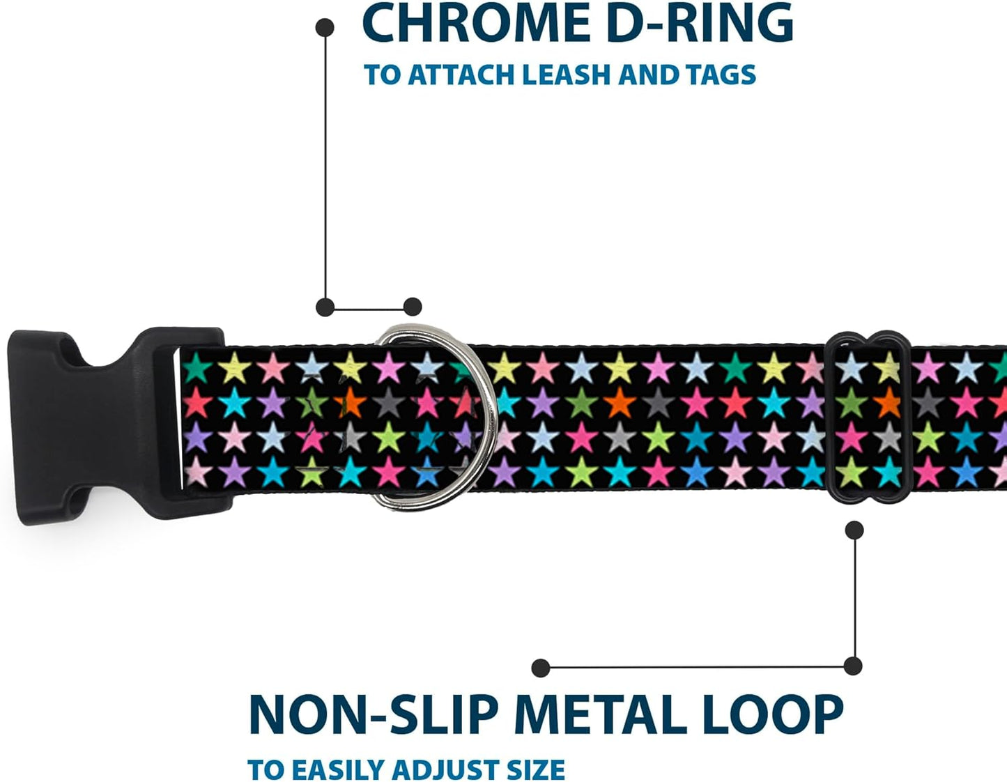 Buckle-Down PC-W21909-M Dog Collar Plastic Clip Buckle, 1"x11"-17", Star Black/White