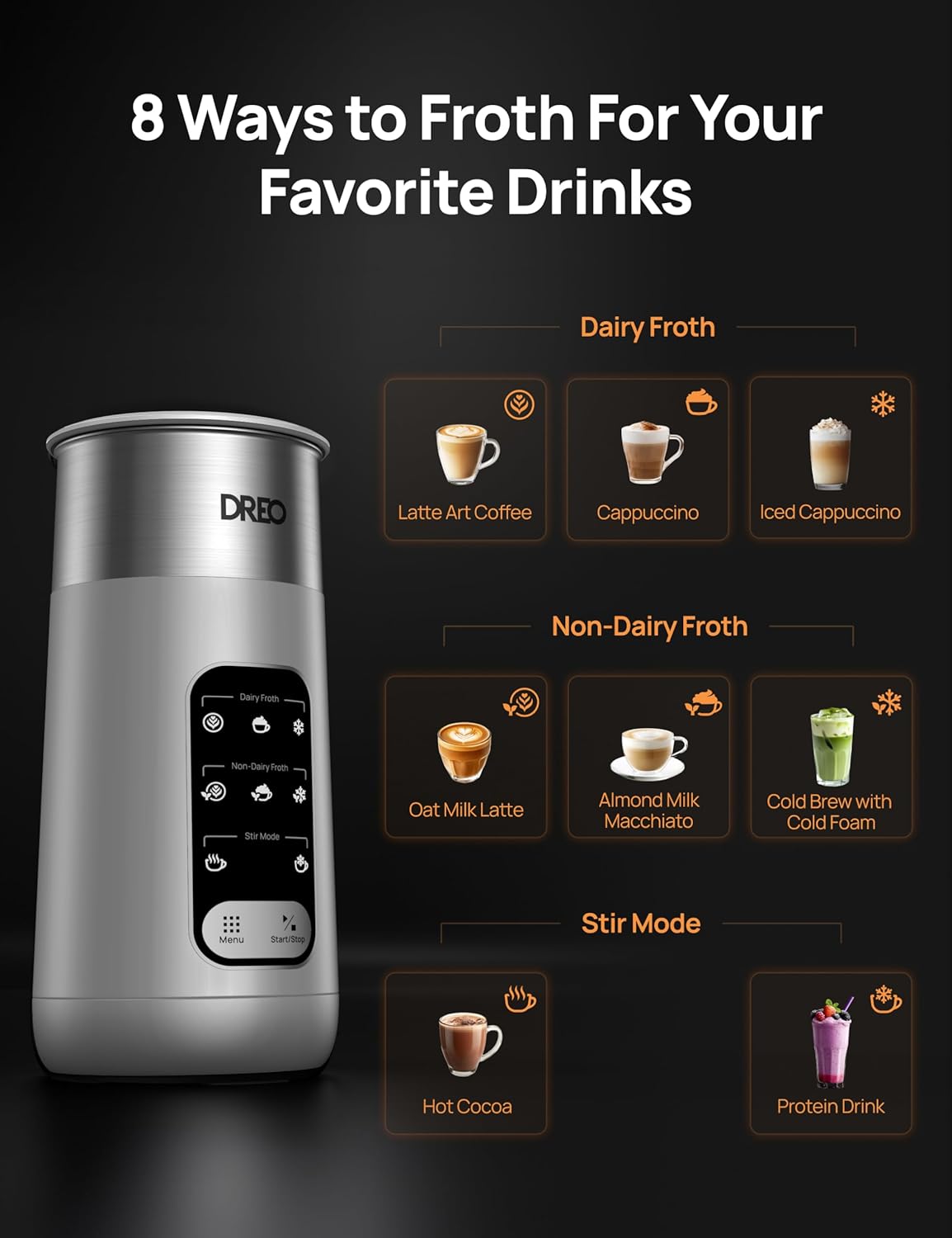 Dreo Milk Frother, 8-in-1 Electric Frother for Latte Art Coffee, 9oz/270ml Warm and Cold Foam Automatic Frothers for Dairy and Non-Dairy Milk, LED, Easy to Clean, BaristaMaker Air
