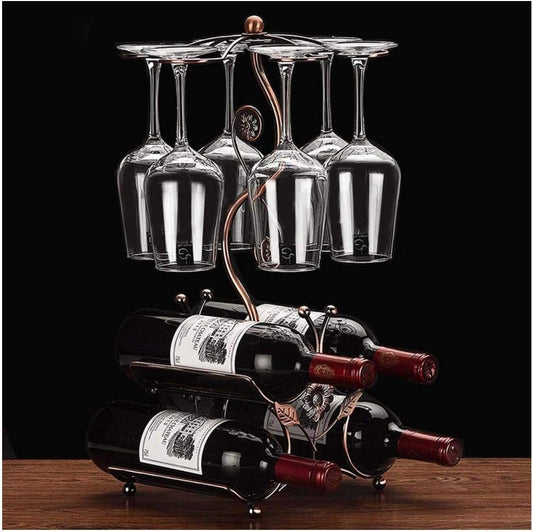 Cicodona Wine Rack and Wine Glass Holder-Hold 4 Wine Bottles and 6 Glasses-Perfect for Home Kitchen Decor & Kitchen Storage Rack