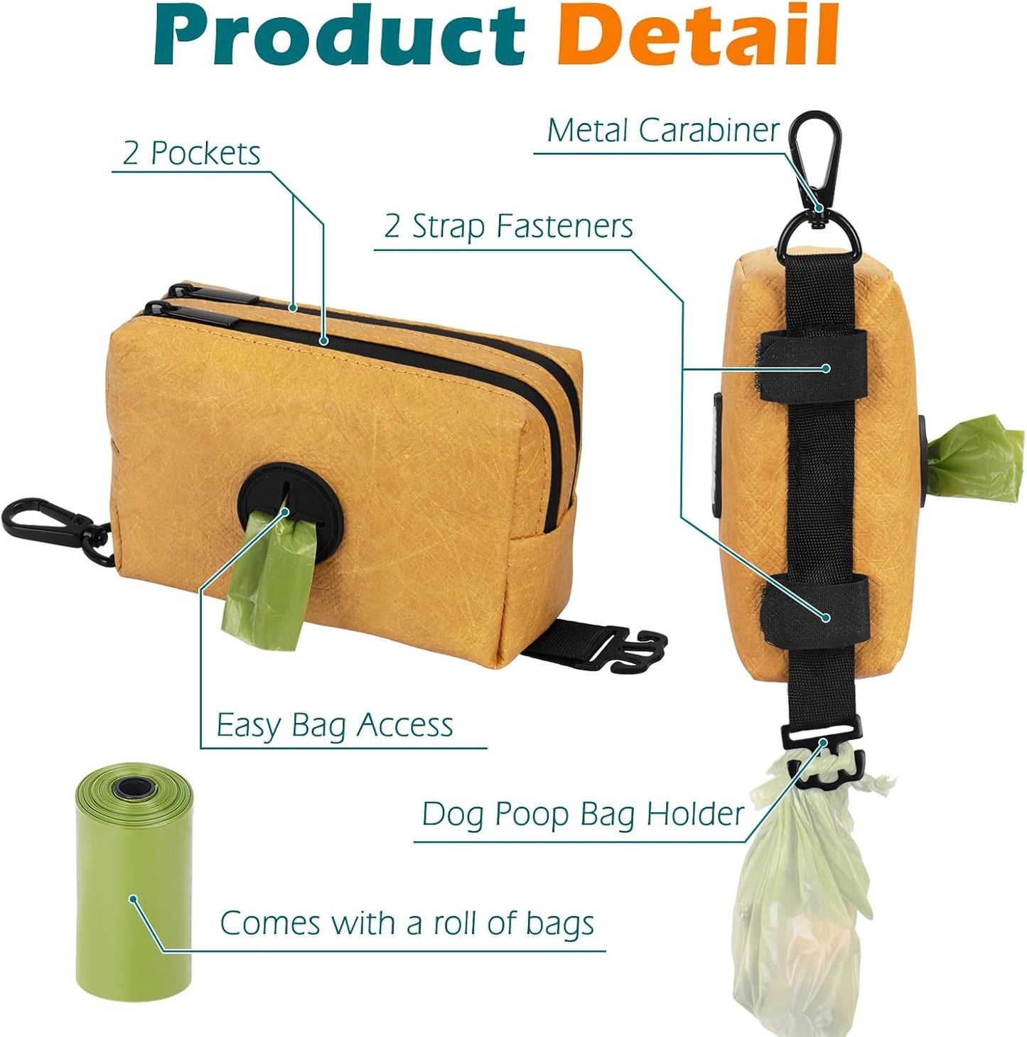 PetBonus Waterproof Dog Poop Bag Holder for leashes, Portable Pet Waste Bag Dispenser, 2 Pouches for Treat Holder and Walking Accessories, Fit All Leashes, Includes 1 Roll of Dog Poop Bags (Green)