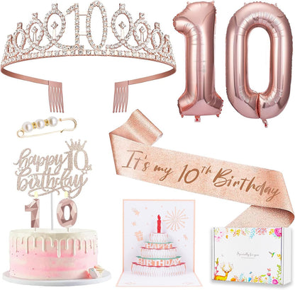 8pcs 40th Birthday Decorations gifts for Women, Including 40th Happy Birthday Cake Topper, Queen Sash with Pearl Pin, Sweet Rhinestone Tiara Crown for Women, Number Candles and Balloons (Rose Gold)
