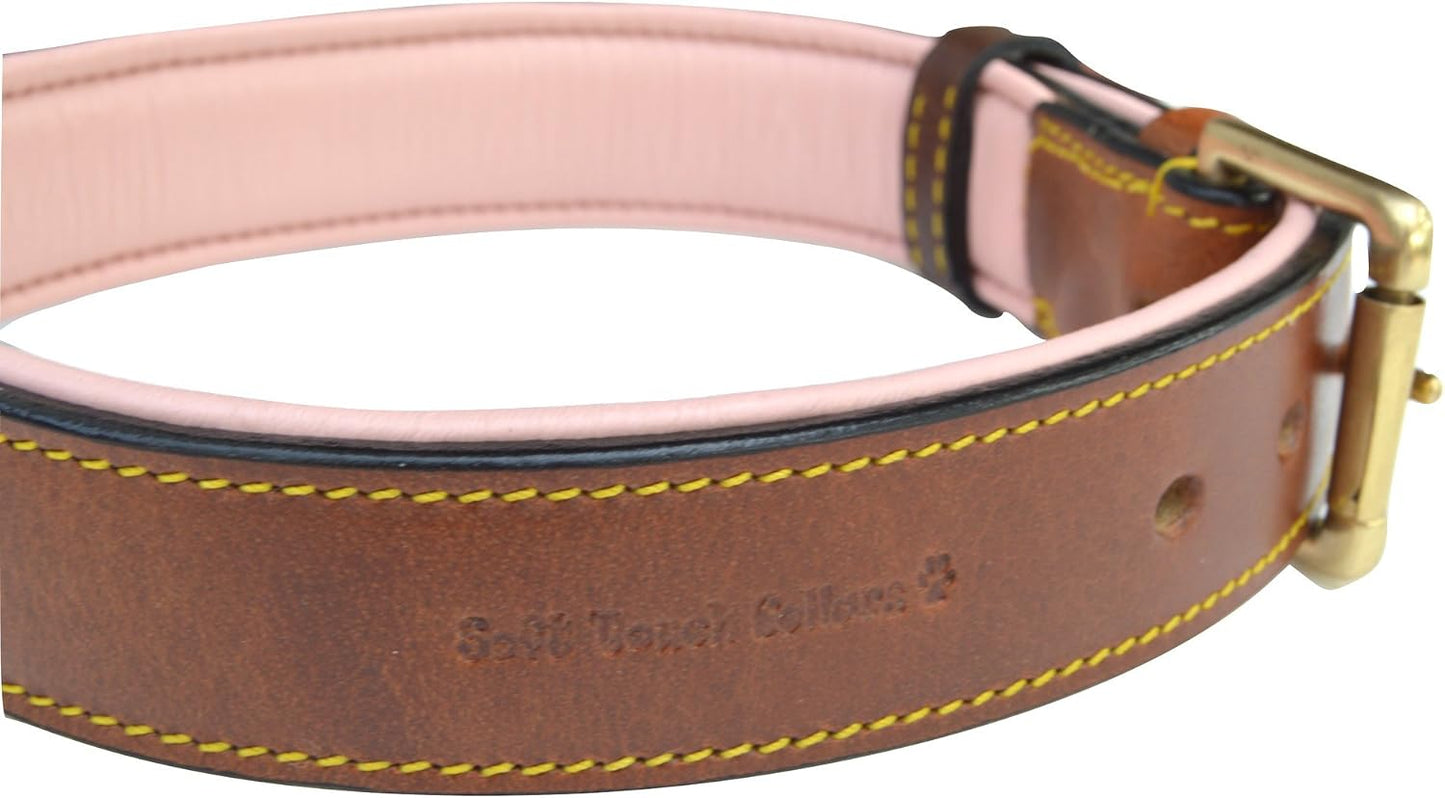 Soft Touch Collars Padded Leather Dog Collar, Large Brown - Genuine Real Leather, 24" Long x 1.5 Wide, Fits Neck Size 18" to 21" Inches