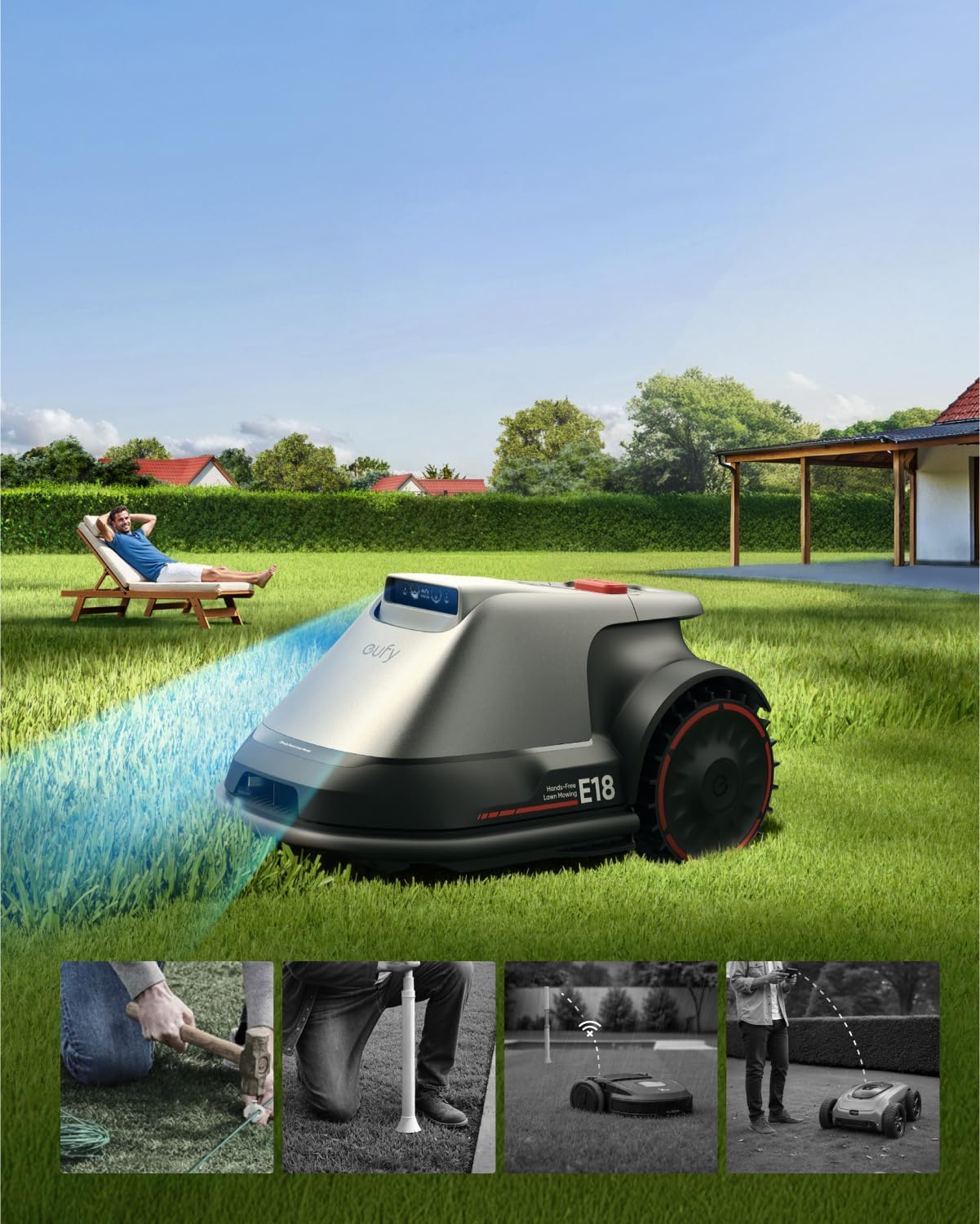 eufy E18 Robot Lawn Mower, Auto Mapping, Max 0.3 Acres, Vision Navigation Lawn Mower, Multi-Zone Management, Electric Robotic Lawnmower with AI Obstacle Avoidance, App Control, 18° Slope, 1-3" Cut Hei