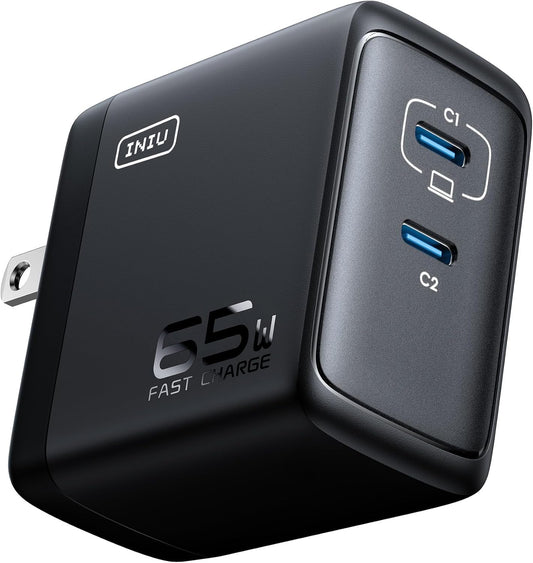 INIU USB C Charger, 65W Fast Charging GaN Wall Charger, 2-Port Compact Foldable PD PPS Charger Block for MacBook Pro/Air, iPad Pro, iPhone 16/15, Galaxy S23, Dell XPS 13, Note 20/10+, Steam Deck