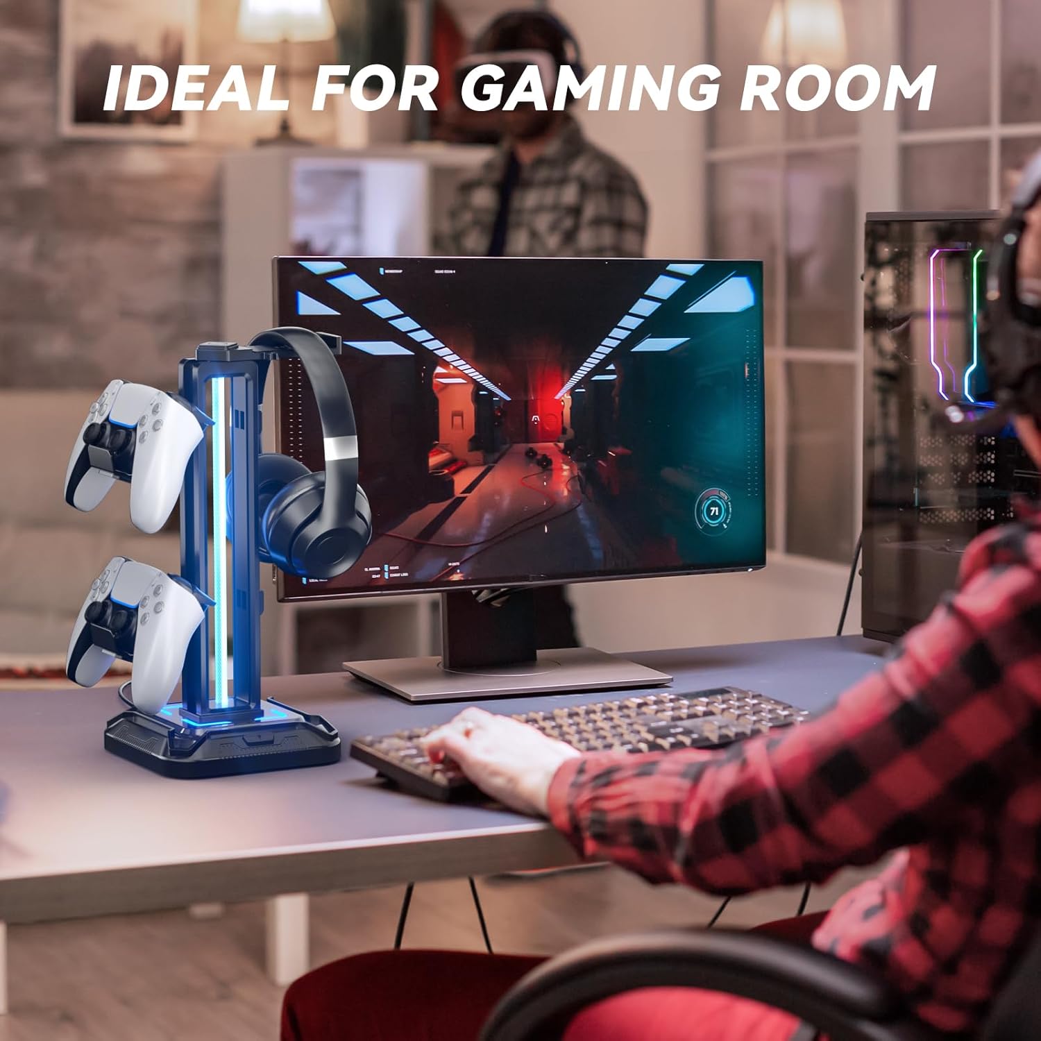 KDD RGB Headset Stand with 9 Light Modes – Rotating Headphone Holder with Detachable Controller Hooks - PuriLite