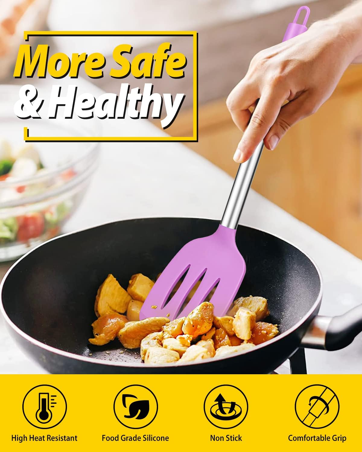 Pack of 2 Silicone Slotted Spatula,Non Stick Solid Kitchen Turner, High Heat Resistant BPA Free Cooking Utensils for Fish, Eggs, Pancakes（Black