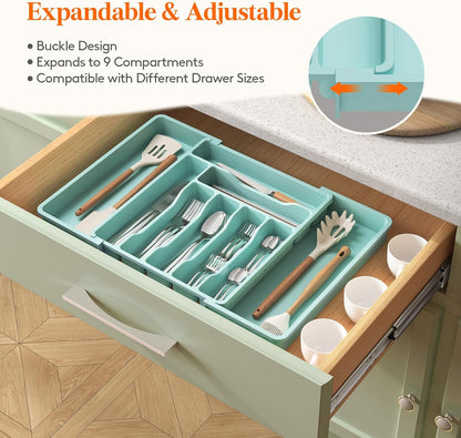 Lifewit Cutlery Organizer, Expandable Utensil Organizer for Kitchen, Utensil Holder, Adjustable Cutlery Rack Organizer for Spoons, Knives, Kitchen Organizers and Storage, Black