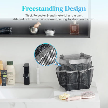 Lifewit Mesh Shower Caddy Freestanding Portable Shower Tote Bag for College Dorm, Bathroom, Gym, Travel, Quick Dry Hanging Shower Organizer with 7 Storage Pockets for Toiletry Essentials, Medium,Black