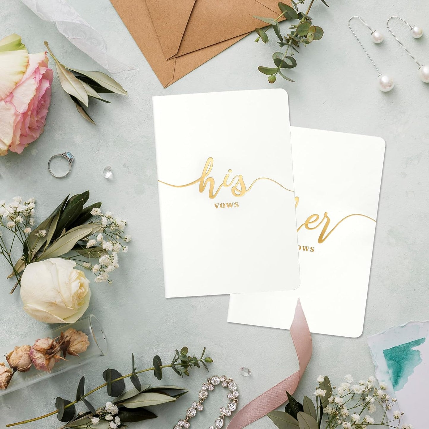 Vekola Vow Books for Wedding His and Hers Elegant Gold Foil Set of 2 Wedding Notebook with 28 Pages (Navy Blue+White)