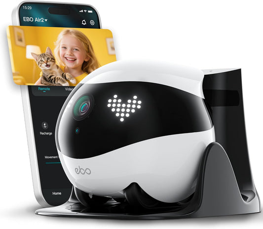 Indoor Security Camera EBO Air 2: 2K Pet Camera, Movable Home Security Camera, Custom Facial Expression, Auto-Recharge, Battery-Operated, 2-Way Talk, Night Vision, 32GB Memory Card(Dove White)