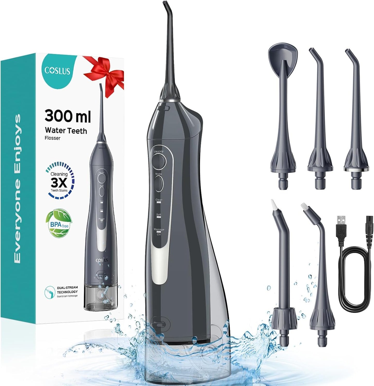 COSLUS Water Teeth Flosser: 300ML Cordless Electric Water Tooth Flossing Rechargeable IPX7 Waterproof Portable Travel Flossers Set for Teeth