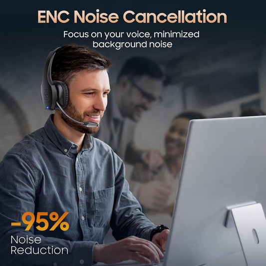 Bluetooth Headset with Microphone, Trucker Headset Bluetooth Wireless Noise Cancelling & Mute Button, 55 Hours Working Time Wireless On-Ear Headset - PuriLite