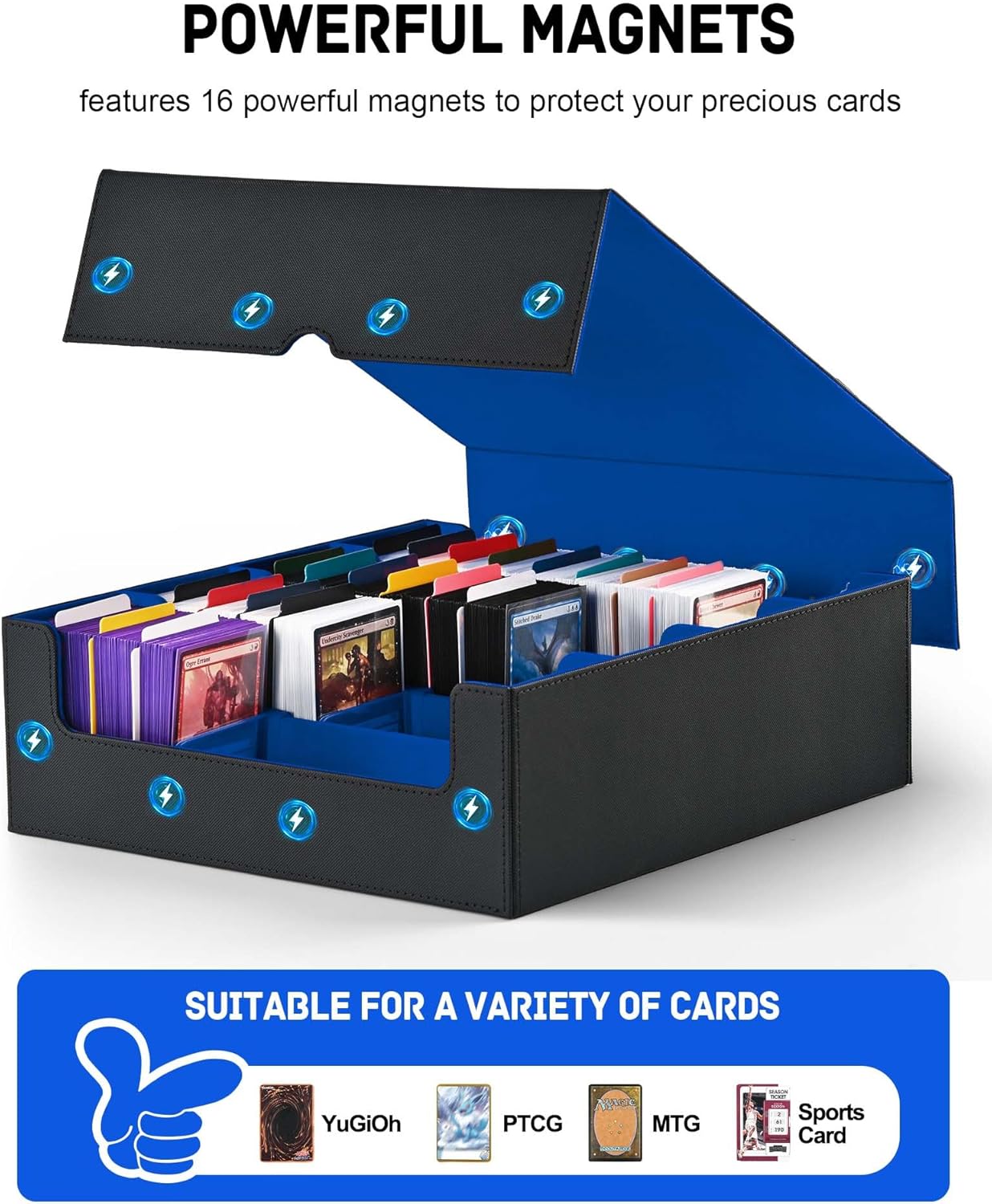 ZLCA Card Storage Box for MTG PTCG, Commander Deck Box Holds 3000+ Cards, Card Storage Case with 4 Stoppers, Card Organizer for TCG Sport Cards (Black)