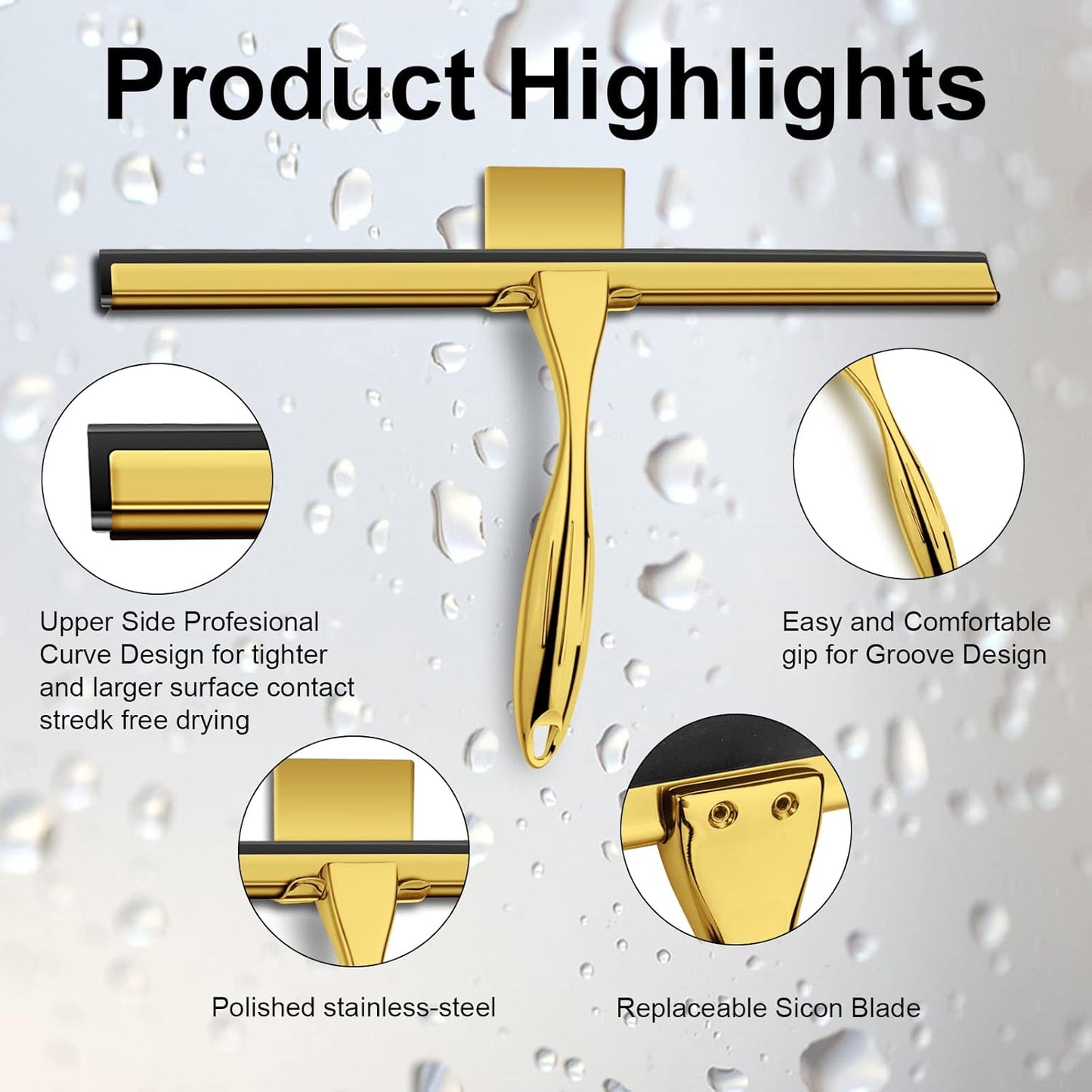 14 Inch Shower Squeegee Stainless Steel with Shower Door Hook and Adhesive Hook Glass Squeegee Bathroom for Doors, Bathroom, Windows, Kitchen, Mirror with Spare Silicone Blade 2 Hooks