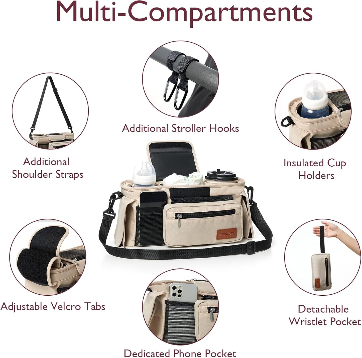Universal Stroller Organizer with Insulated Cup Holder by Momcozy - Detachable Phone Bag & Shoulder Strap, Fits for Stroller like Uppababy, Baby Jogger, Britax, BOB, Umbrella and Pet Stroller