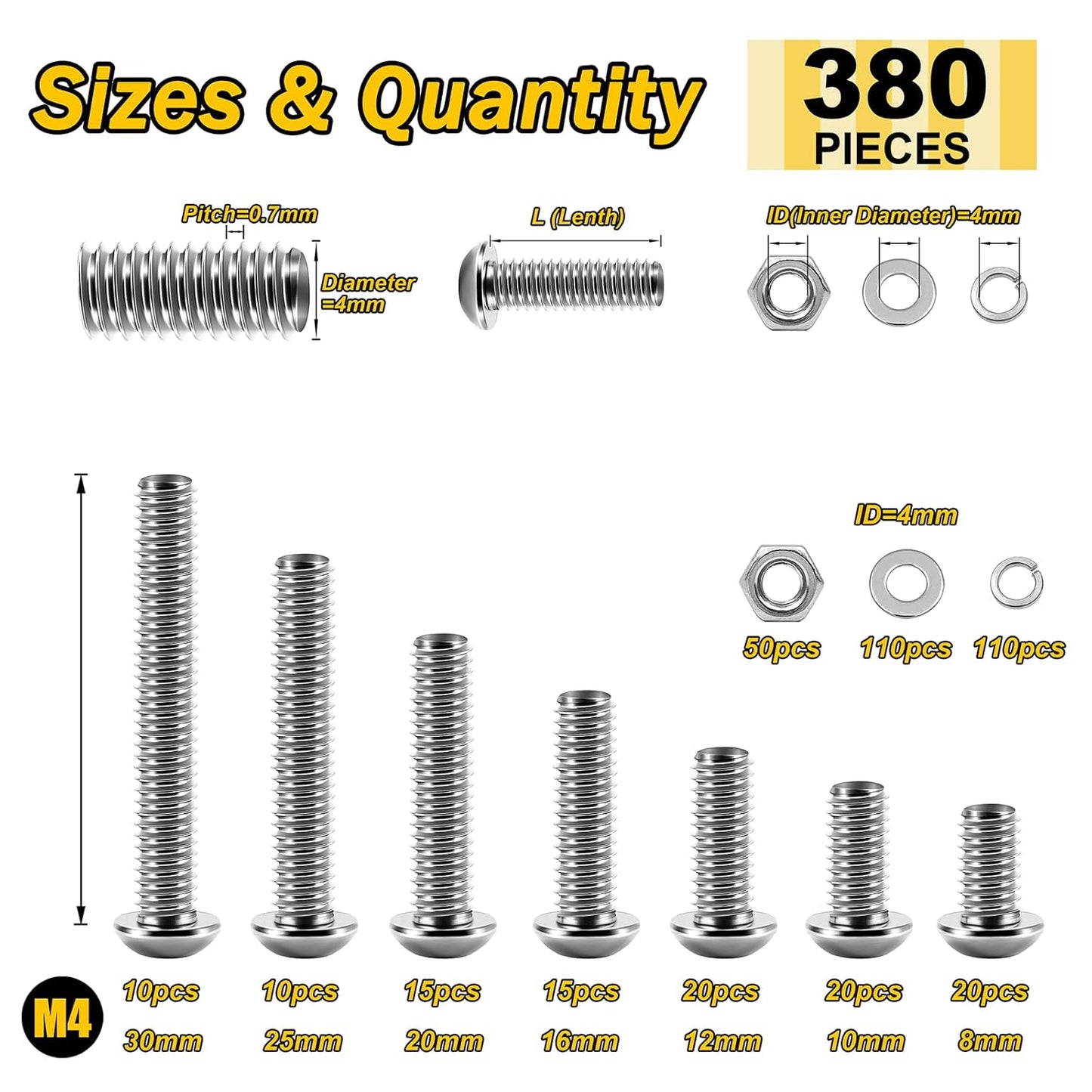 Mywish 900Pcs Metric Screw Assortment, M3 M4 M5 M6 Screw Assortment Kit 304 Stainless Steel Hex Socket Button Head Socket Cap Metric Screws Bolts & Flat Washers/Nuts/Hex Wrenches 16 Sizes 8MM to 20MM