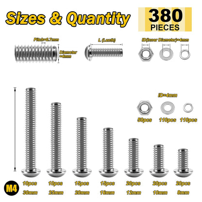 Mywish 900Pcs Metric Screw Assortment, M3 M4 M5 M6 Screw Assortment Kit 304 Stainless Steel Hex Socket Button Head Socket Cap Metric Screws Bolts & Flat Washers/Nuts/Hex Wrenches 16 Sizes 8MM to 20MM
