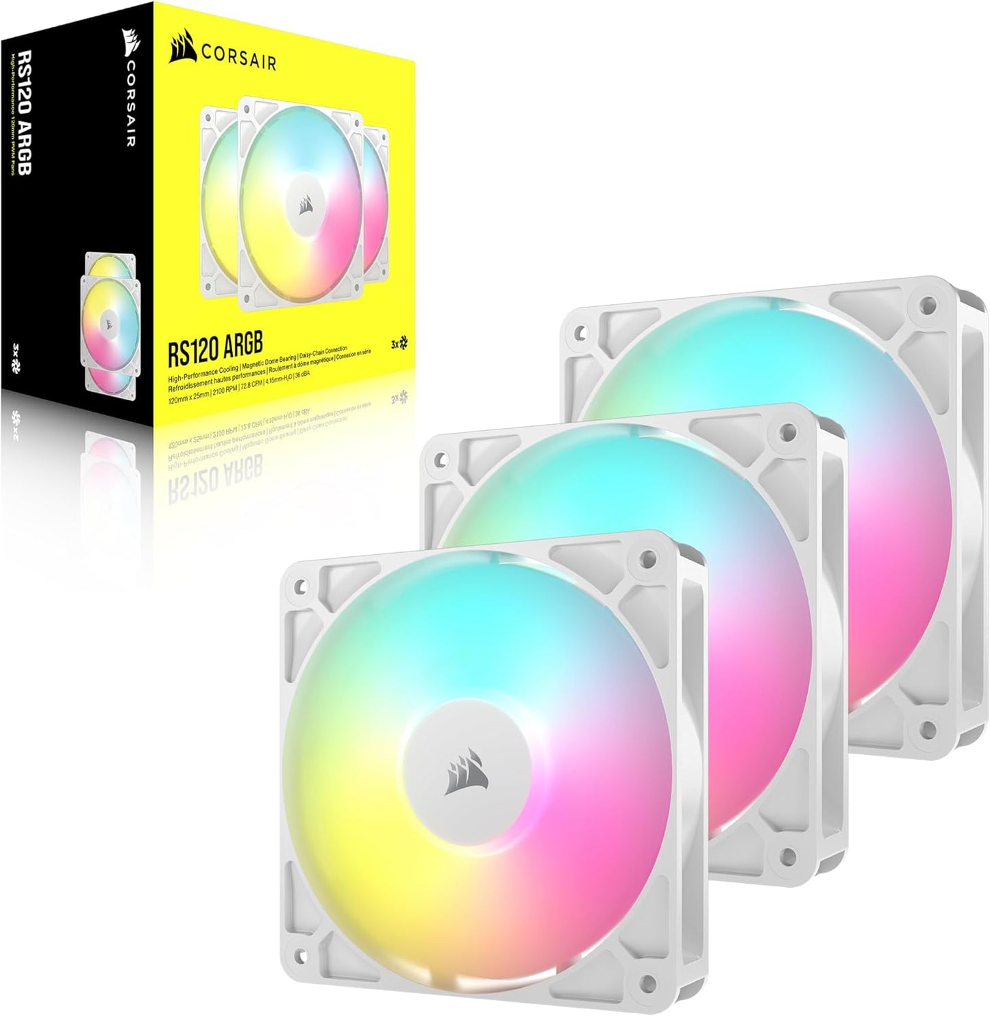 CORSAIR RS120 ARGB 120mm PWM Fan – Daisy-Chain Connection – Low-Noise – Magnetic Dome Bearing – Single Pack – White