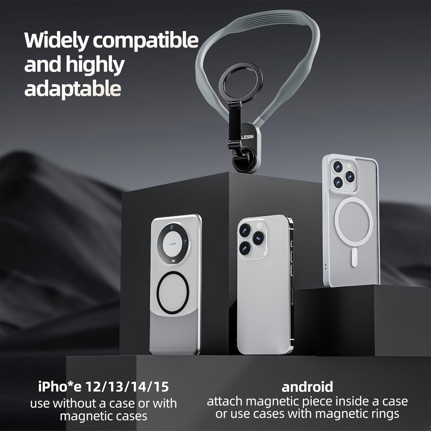 TELESIN Magnetic Neck Cell Phone Holder, POV/Vlog Recording Necklace Lanyard Selfie Hand Free Neck Phone Mount Stand for iPhone 16 15 14 13 12 Pro Mini/Plus/Pro/Pro Max and Samsung Android Smartphone