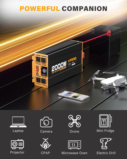 MWXNE 2000W Pure Sine Wave Inverter 12V DC to 110V 120V AC Car Converter for RV Truck Off-Grid Solar Power Inverter with 4 AC Outlets, USB/Type-C Fast Charging Ports, LCD Display, Remote Control