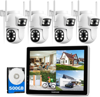 CAMCAMP Wireless Security Camera System with 10" 2K Monitor, 4Pcs 4MP Dual Lens 2.4G&5G WiFi Pro PTZ Cameras with 2-Way Audio,24/7 Record,Motion Detect,Auto Tracking,500GB HDD Storage,10CH Expandable