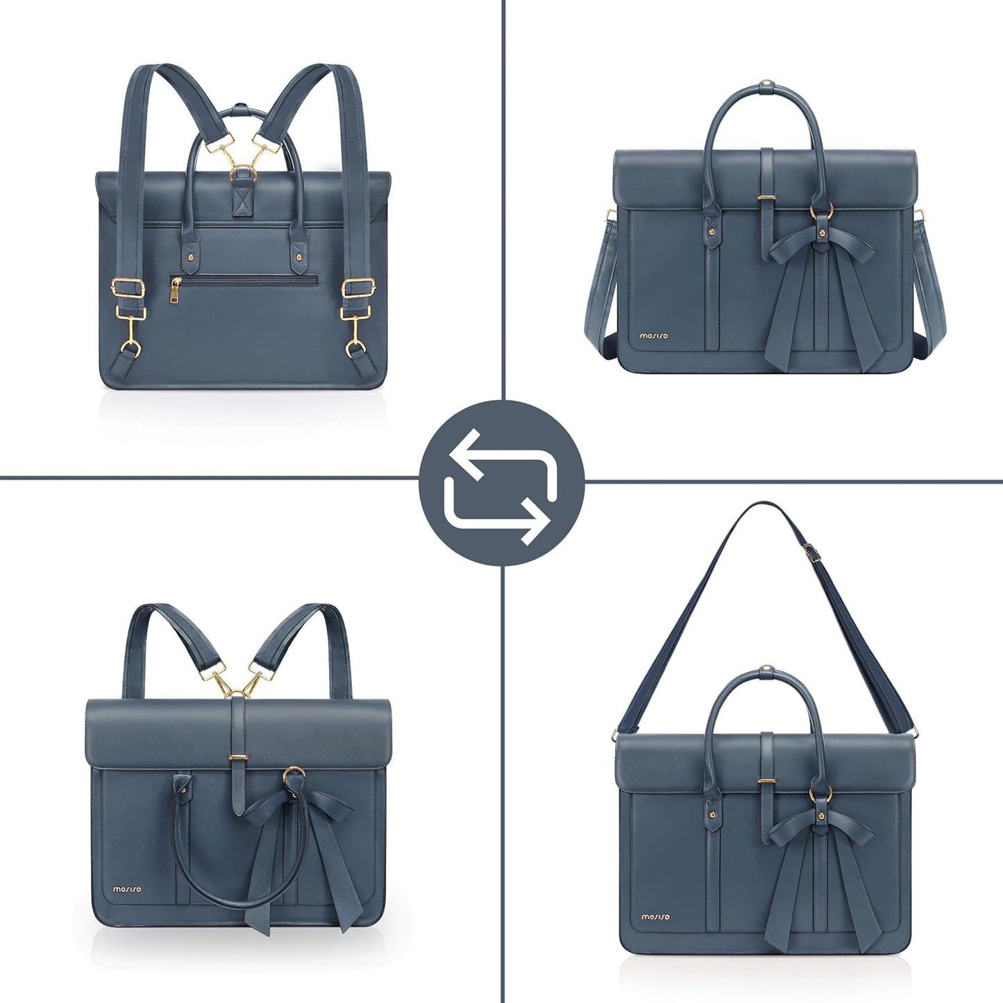 MOSISO Laptop Bag for Women, PU Leather Laptop Shoulder Bag Convertible Backpack, Work Travel Computer Bag with Bowknot - PuriLite