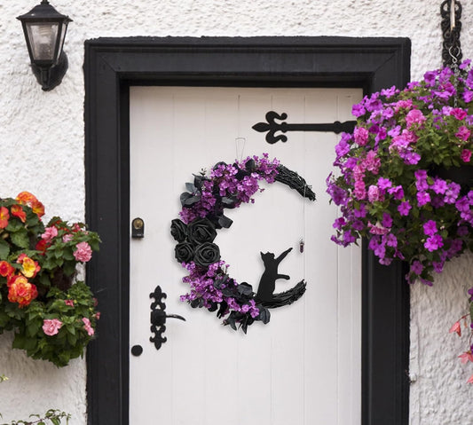 Moon Wreath, Front Door Halloween Wreath, Black cat Crescent Moon Wreath with Lights, Autumn Door with Indoor and Outdoor Decoration for Thanksgiving, Halloween Decoration (Purple) - PuriLite