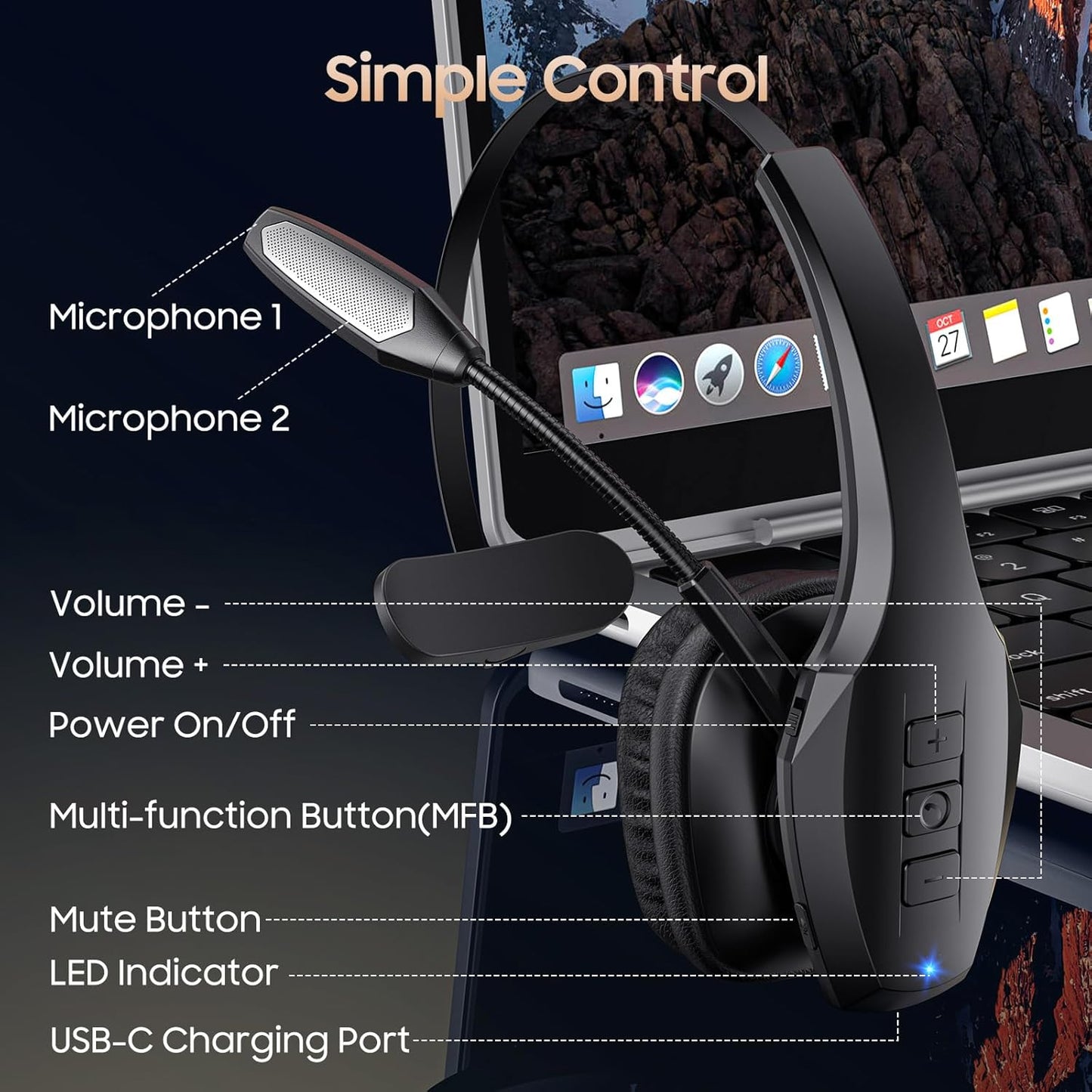 Bluetooth Headset with Microphone, Trucker Headset Bluetooth Wireless Noise Cancelling & Mute Button, 55 Hours Working Time Wireless On-Ear Headset