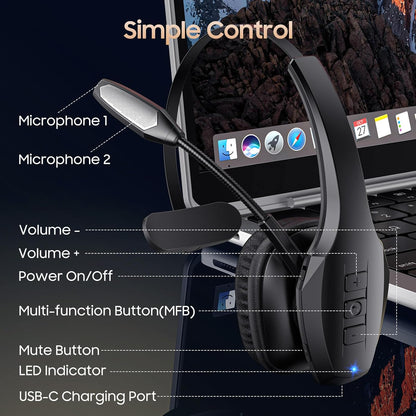 Bluetooth Headset with Microphone, Trucker Headset Bluetooth Wireless Noise Cancelling & Mute Button, 55 Hours Working Time Wireless On-Ear Headset