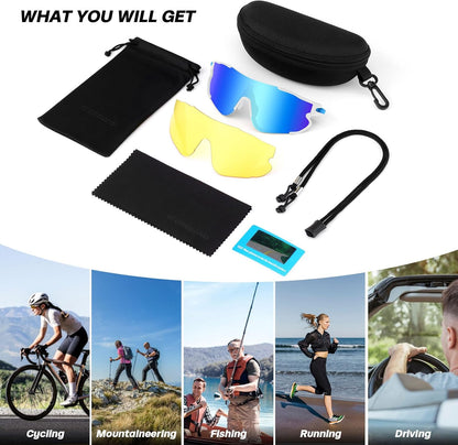 Odoland Polarized Cycling Glasses Sports Sunglasses,Interchangeable Lense,UV400 Baseball MTB Sports Glasses for Men Women