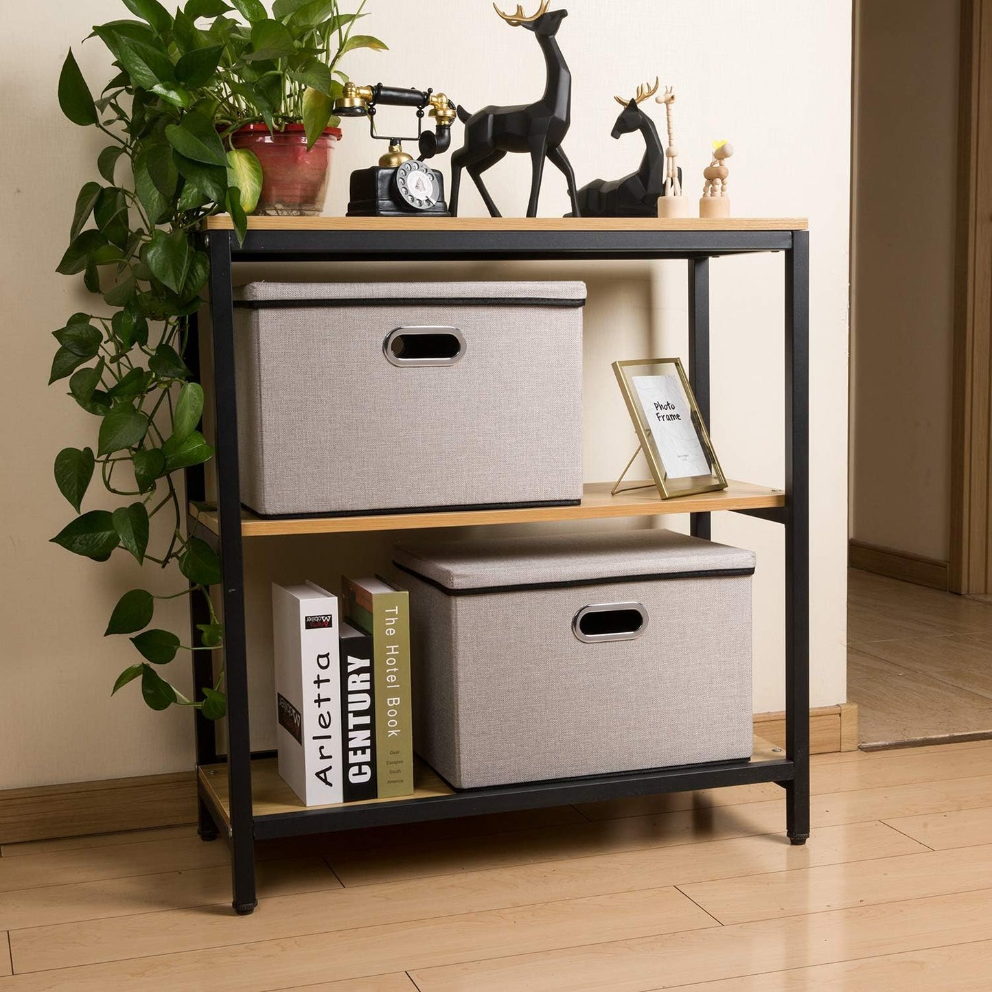 PRANDOM Large Foldable Storage Bin with Lid [1-Pack] Linen Fabric Decorative Storage Box Organizer Containers Basket Cube with Handles Divider for Bedroom Closet Office Living Room (17.7x11.8x11.8")