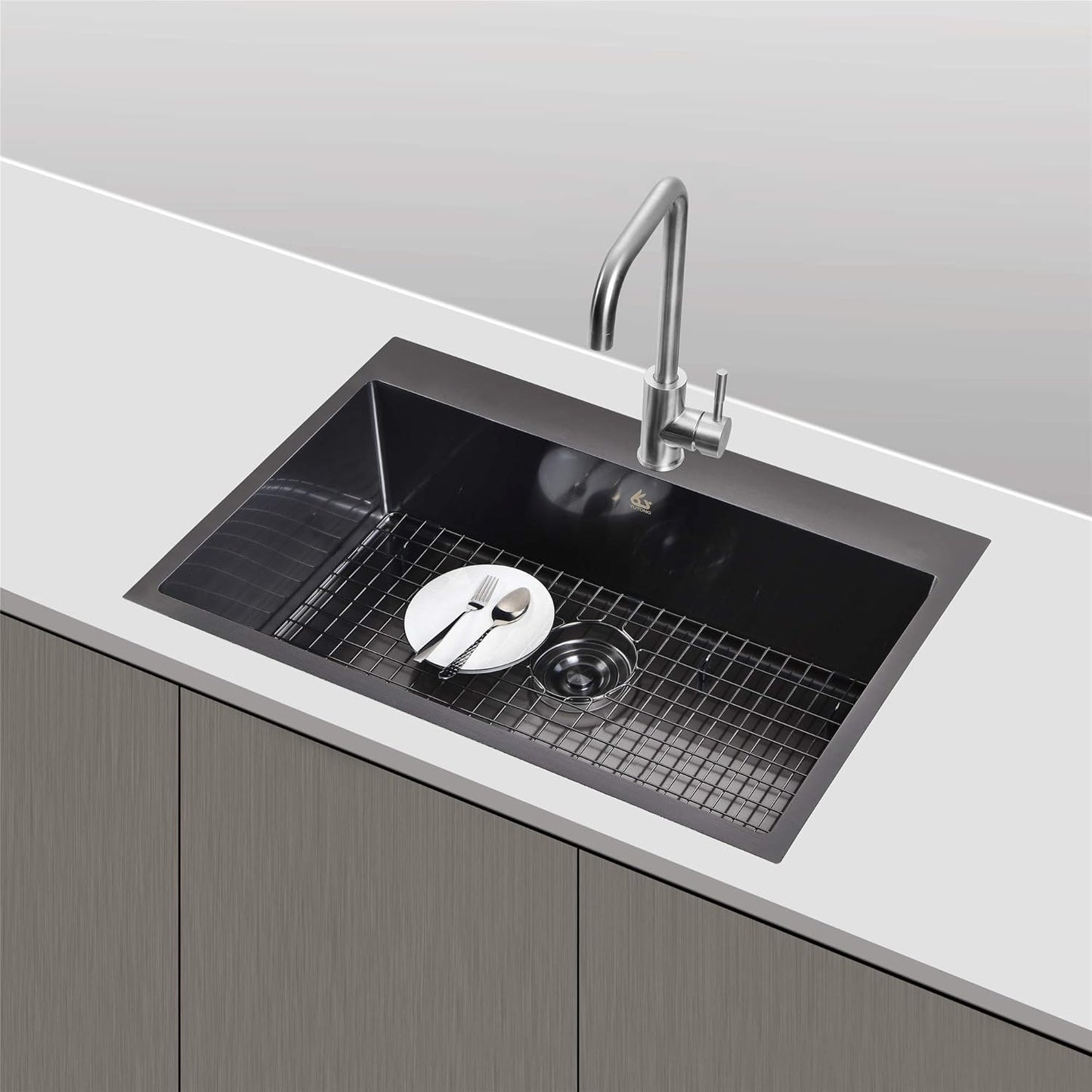 Yutong 16" x 20" Top-Mount/Drop in SS304 Stainless Steel Kitchen Black Sink Single Bowl Without Grid