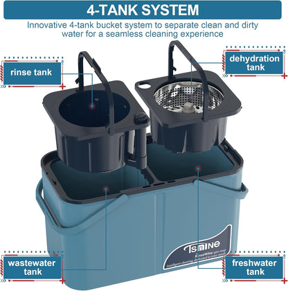 RinseWise Spin Mop and Bucket Separate Clean and DirtyWater, Mop and Bucket with Wringer Set, 4-Chamber Commercial Spinning Mopping Bucket Cleaning Supplies with 8 Microfiber Replacement Head Refills