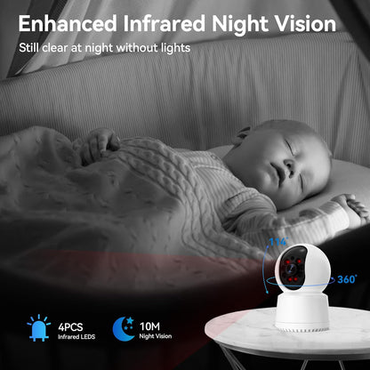 Indoor Security Camera 1080P Wi-Fi, Home Security Camera 360°Pan-Tilt Motion Detection, Surveillance Interieur for Baby, Clear Night Vision, 2-Way Audio, TF Card & Cloud Storage