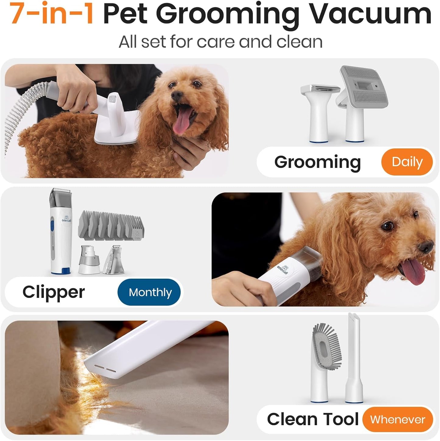 oneisall Dog Grooming Kit,Dog Hair Vacuum for Cat Pet Thick Coats,LM2 | 7 in 1 Grooming Tools, 99% Hair Suction,59dB Low Noise,Clipper & Nail Grinder,1.5L Dust Cup,For Home Multi-pet House
