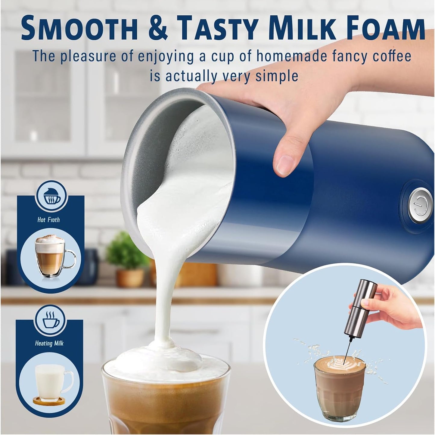 Huogary Milk Forther Simple Milk Frother and Milk Steamer 2 in 1 with Hot Milk Frother and Hot Milk for Milk, Macchiato, Cappuccinos (Blue)