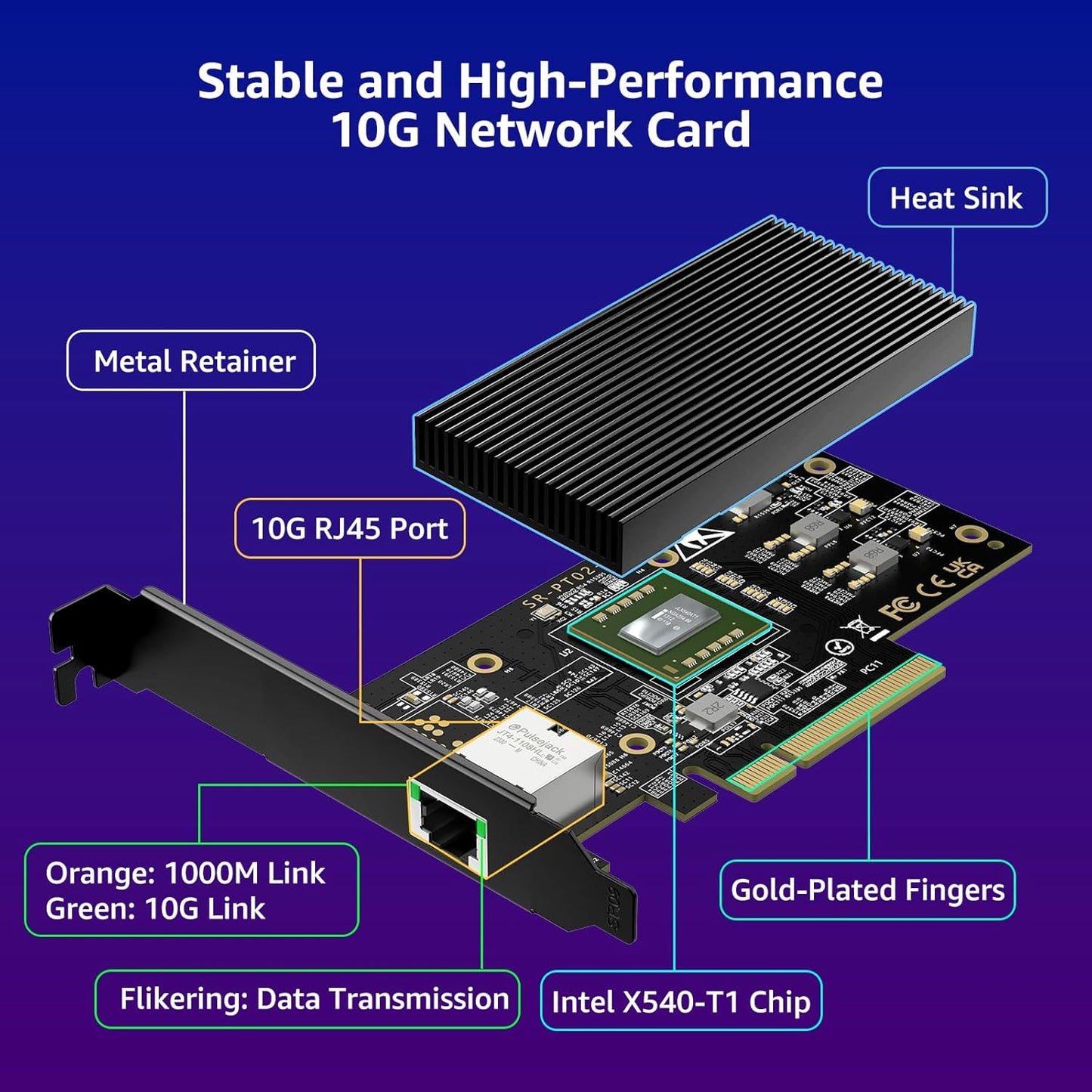 10G PCI-E Network Card with 10Gbps Dual RJ45 Ports, Intel X540-T2 Conrtoller, VIMIN 10Gb Ethernet Adapter Card Compatible with PCI Express X8, X16, Support Windows/Windows Server/Linux/VMware