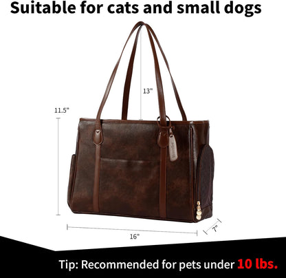 Monanller Stylish Dog Purse Carrier, Leather Pet Carrier Bag for Small Dogs Cats Puppy, Airline Approved Soft-Sided Carrier Beige
