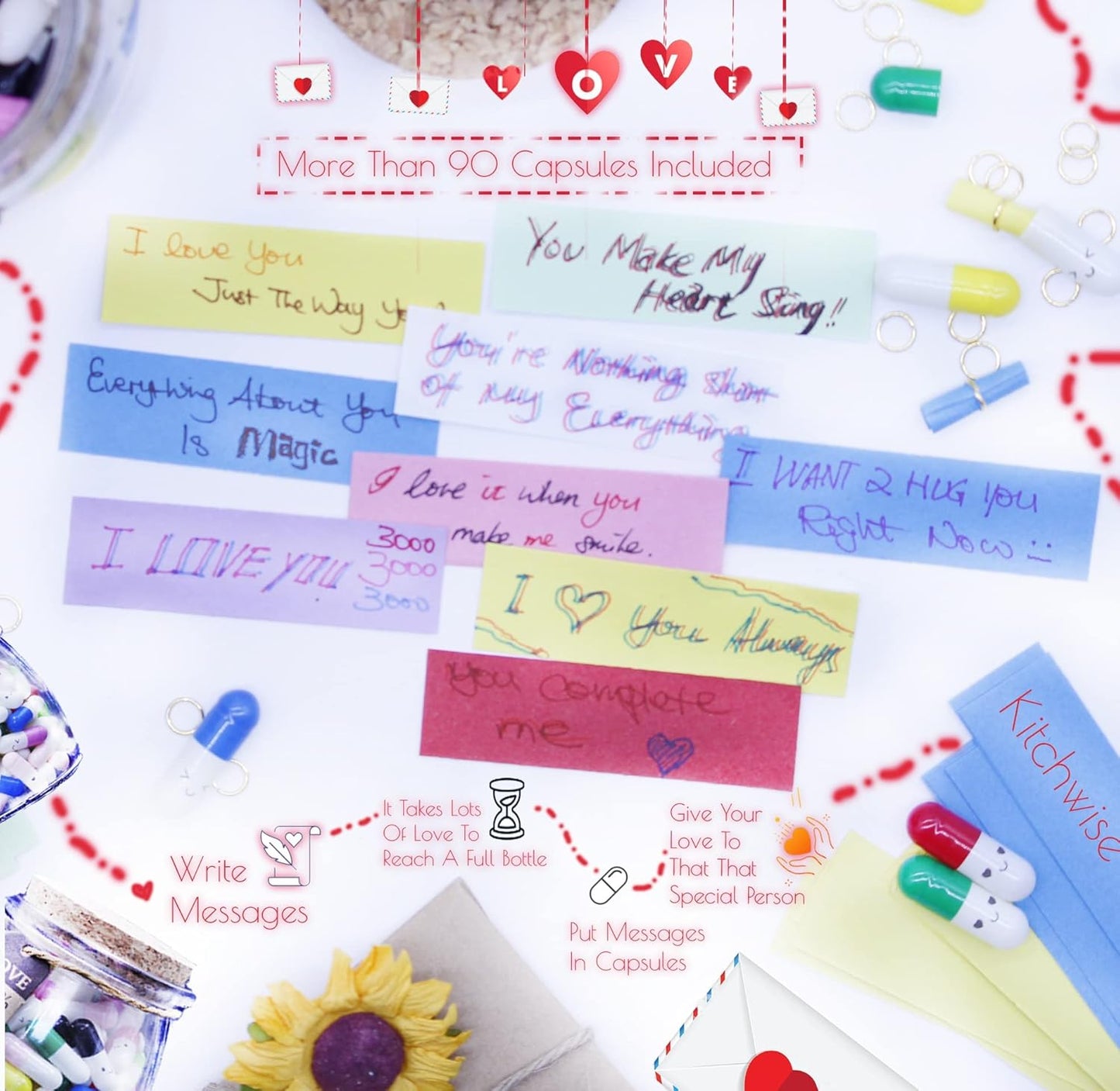 90pcs+ Message In a Bottle DIY Gift Extra Capsules and Notes (Mixed Colors)