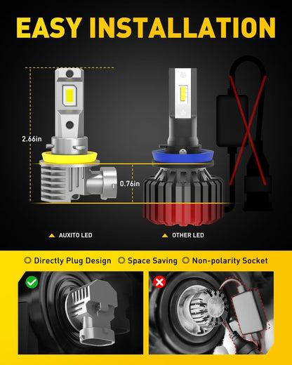 AUXITO H11 LED Headlight Bulbs, 400% Brighter 6500K White Wireless LED Headlights for H8 H9 H16 Fog Lights, DRL, Low Beam or High Beam, Direct Install Plug and Play, IP68 Waterproof, Pack of 2